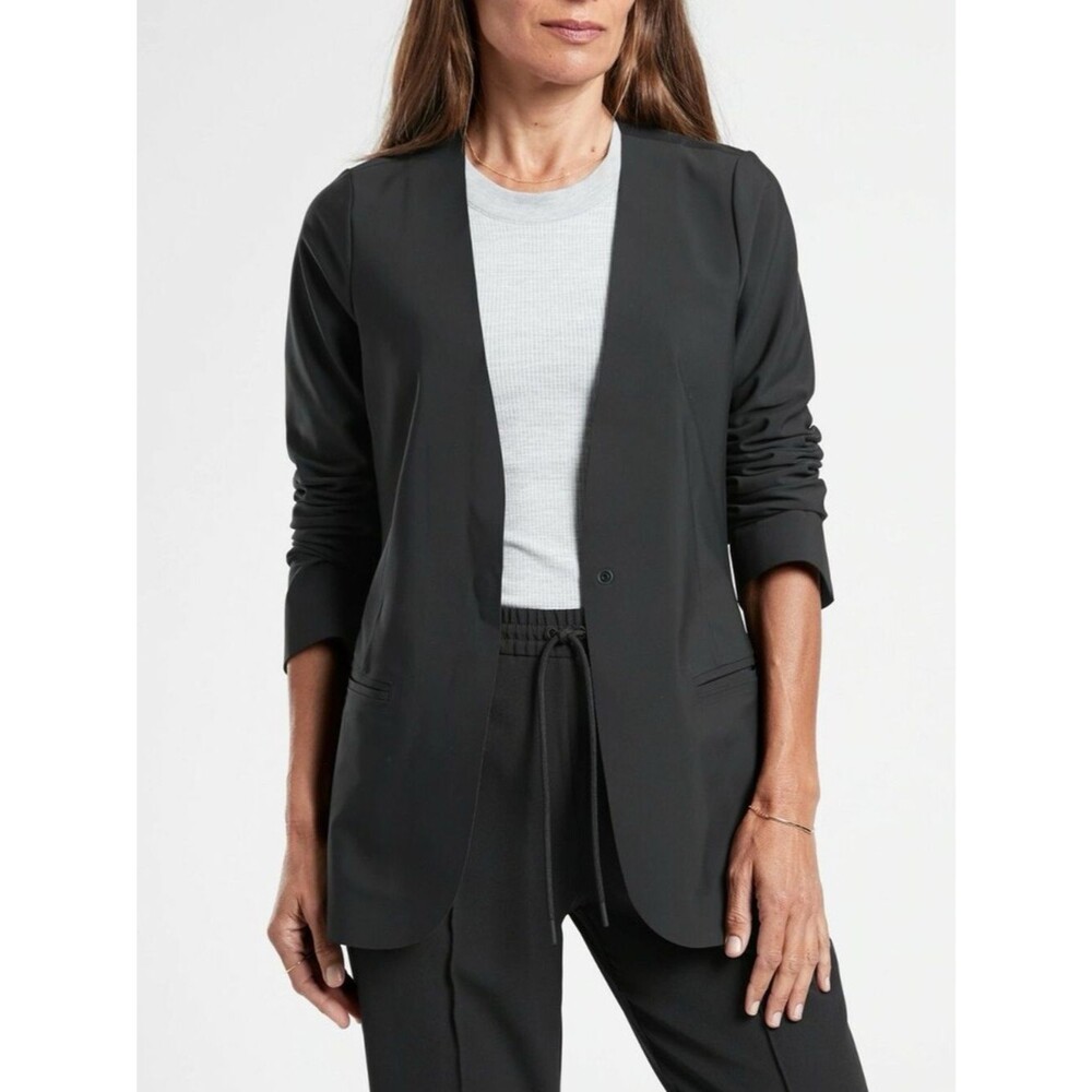 Athleta Avenue Blazer Size 10 Black Travel Career Stretch Open Front Jacket